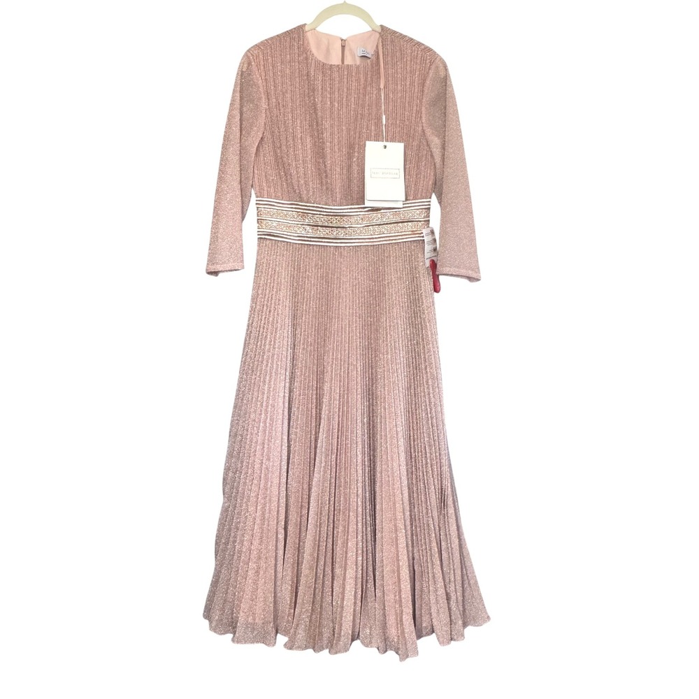 Mac Duggal Formal Gown Size 4 Rose Gold Metallic Beaded Waist Pleated 3/4 Sleeve